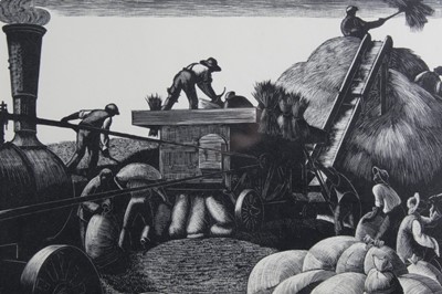 Lot 76 - Clare Leighton - Threshing March from the series ‘The Farmers Year’, 1933, black and white woodcut in glazed frame,  21.5cm x 28cm