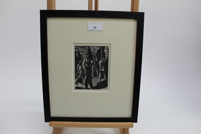 Lot 73 - Clare Leighton - Bell Ringers, 1937, black and white woodcut in glazed frame, 13.5cm x 10.5cm