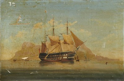 Lot 1140 - English School, circa 1850, oil on canvas, A warship, believed to be HMS Victory off Gibralter.  The seller's label on the stretcher relates to 'E and H.L. Fry' print and picture sellers who were i...