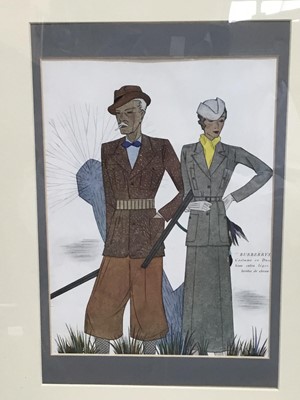 Lot 196 - Burberry's coloured print depicting a stylish shooting couple, in glazed frame, 24cm x 18cm