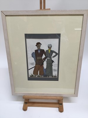 Lot 196 - Burberry's coloured print depicting a stylish shooting couple, in glazed frame, 24cm x 18cm