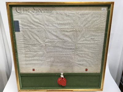 Lot 54 - Of Colchester Interest - an 1820s indenture relating to William Scragg and John Fletcher Mills, with original seal (damaged), dated 1823, in glazed gilt frame, 83cm x 84cm