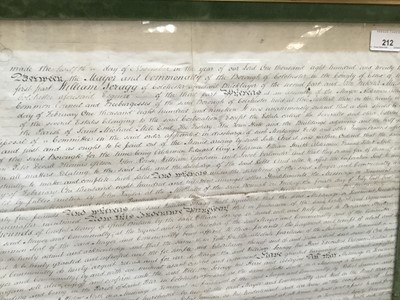 Lot 212 - Of Colchester Interest - an 1820s indenture relating to William Scragg and John Fletcher Mills, with original seal (damaged), dated 1823, in glazed gilt frame, 83cm x 84cm