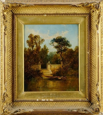 Lot 1123 - Manner of John Moore, oil on canvas, river scene with figure in a boat