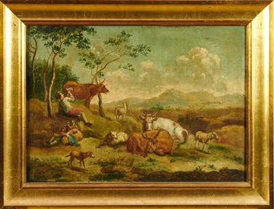 Lot 1124 - 18th century Continental School, oil on canvas, Cattle and figures