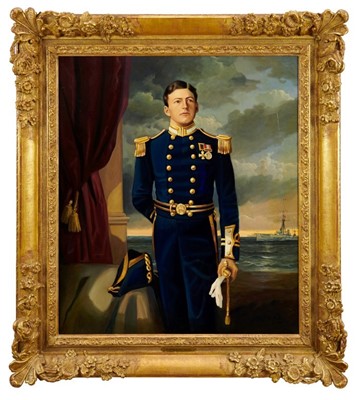 Lot 964 - Andre De Moller (b.1942) oil on canvas - portrait of Lt. David Beatty, R.N., signed, further signed and titled verso, in good gilt frame, 77cm x 67cm