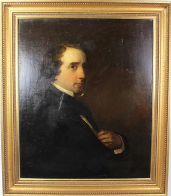 Lot 969 - English School, 19th century, oil on canvas - portrait of a gentleman, half length wearing a black coat, in gilt frame, 76.5cm x 63.5cm