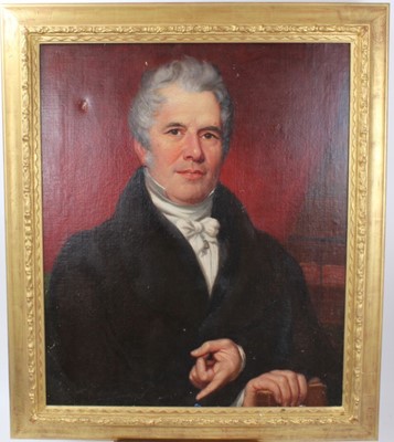 Lot 971 - Mid 19th century, English School, oil on canvas - portrait of a gentleman seated before books, in gilt frame, 75cm x 62cm