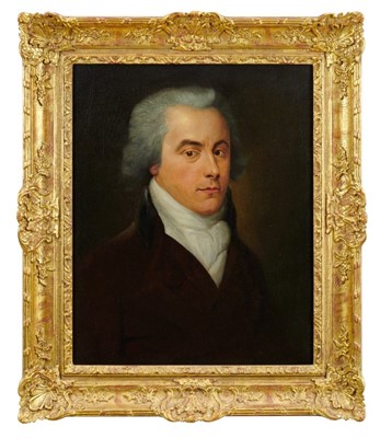 Lot 972 - English School, early 19th century, oil on canvas - portrait of a Gentleman in black coat, in gilt frame, 52cm x 41cm