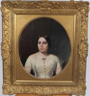 Lot 975 - Edwardian English School oil on oval board - portrait of a lady in white dress, in gilt frame, 33cm x 28cm