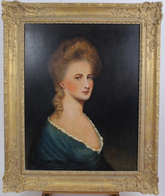 Lot 976 - English School oil on board- portrait of a lady in blue dress, in gilt frame, 59cm x 45cm