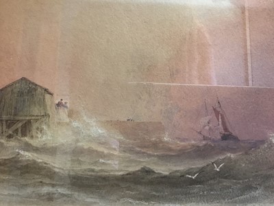 Lot 993 - Four watercolours to include: Attributed to Copley Fielding (1787-1855) watercolour - fishing boats off Hastings, 15.5cm x 25.5cm, Joseph Walker (1813-1859), figure and horses by a barn, 18cm x 25c...