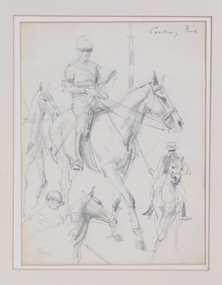 Lot 945 - 20th century English School pencil sketch - Polo Players, Cowdray Park, indistinctly signed, mounted, 30cm x 23cm