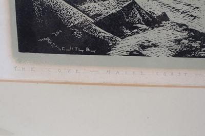Lot 995 - Carroll Thayer Berry (1886-1978) signed woodcut - The Cove, Maine Coast, signed and titled in pencil, mounted, 37cm x 41cm