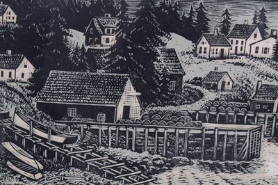 Lot 995 - Carroll Thayer Berry (1886-1978) signed woodcut - The Cove, Maine Coast, signed and titled in pencil, mounted, 37cm x 41cm