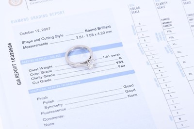 Lot 405 - Diamond single stone ring with a certified round brilliant cut diamond weighing 1.51carats, in four claw platinum setting. Accompanied by a G.I.A Diamond Grading Report dated 12th October 2017, sta...