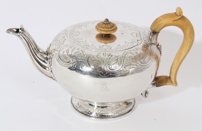 Lot 210 - George IV silver teapot of bullet form with chased scroll and shell decoration, engraved Ducal crown and initials, flush fitting hinged cover with ivory finial and ivory scroll handle, raised on pe...