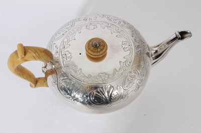Lot 210 - George IV silver teapot of bullet form with chased scroll and shell decoration, engraved Ducal crown and initials, flush fitting hinged cover with ivory finial and ivory scroll handle, raised on pe...