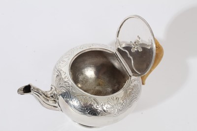 Lot 210 - George IV silver teapot of bullet form with chased scroll and shell decoration, engraved Ducal crown and initials, flush fitting hinged cover with ivory finial and ivory scroll handle, raised on pe...