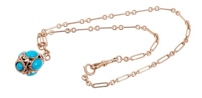 Lot 480 - Edwardian-style 9ct rose gold fetter link chain necklace suspending a rose gold and turquoise cabochon pendant