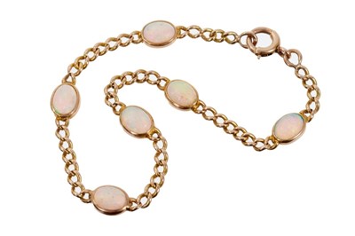 Lot 486 - Edwardian-style gold and opal bracelet with six oval cabochon opals in collet settings