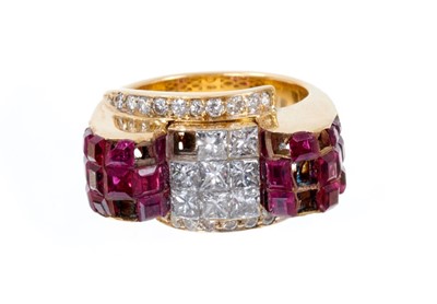 Lot 407 - Art Deco-style diamond and ruby cocktail ring of Odeonesque design, with a central square cluster of invisibly-set princess cut diamonds (one missing), the exaggerated shoulders of bombe form with...