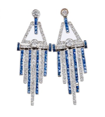 Lot 400 - Pair of Art Deco diamond and sapphire earrings with articulated tassel drops