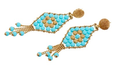 Lot 421 - Pair of 18ct gold and turquoise pendant earrings with articulated spherical turquoise and gold beads in articulated setting with tassel drops. 75mm