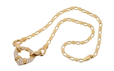 Lot 411 - 18ct gold necklace with pavé set diamonds to the central pendant, suspended from articulated gold links