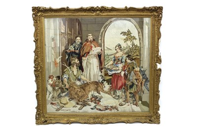 Lot 1234 - Large 19th century Berlin woolwork tapestry, depicting interior scene of figures and game, in glazed gilt frame, total size 127 x 115cm.