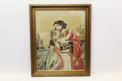 Lot 629 - 19th century Berlin woolwork tapestry, depicting a scene of departing naval man and his lass, glazed frame, 102 x 87cm