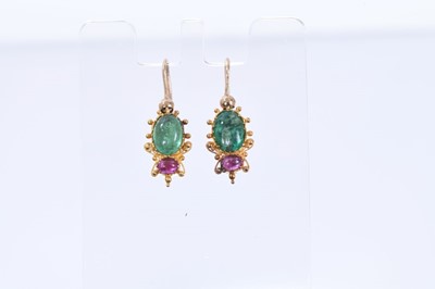 Lot 516 - Pair of antique cabochon emerald and ruby pendant earrings