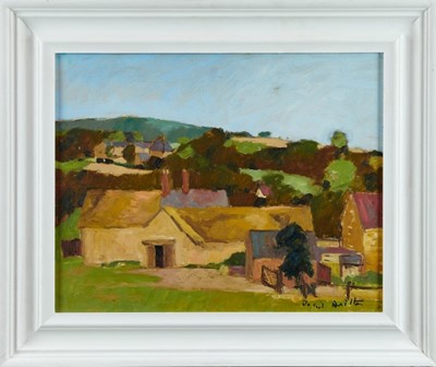 Lot 1101 - David Britton, contemporary, oil on board - Farms on a Hill, signed, framed, 34cm x 43cm