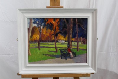 Lot 200 - David Britton, contemporary, oil on board - October in Clissold Park, signed, framed, 32cm x 42cm