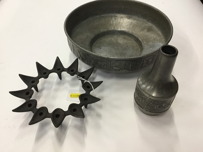 Lot 2075 - Danish Dansk design cast iron candle holder of star form, designed by Jens Quistgaard, circa 1950, together with a Norsk pewter vase and Norwegian pewter bowl by Erik Tinn