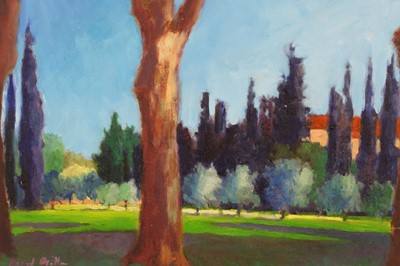 Lot 1108 - David Britton, contemporary, oil on board - Cezanne's Garden, signed, framed, 44cm x 60cm