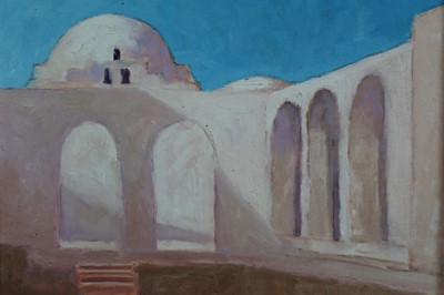 Lot 1109 - David Britton, contemporary, oil on board - School at Gourna, Egypt, framed, 36cm x 44cm