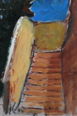 Lot 1110 - David Britton, contemporary, oil on board - Steps in Tunisia, signed, framed, 39cm x 27cm