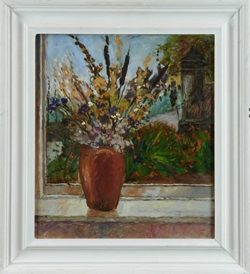 Lot 1112 - David Britton, contemporary, oil on board - Vase & Flowers, signed, framed, 42cm x 37cm