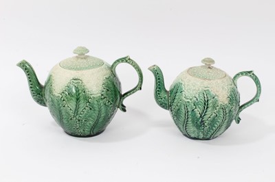 Lot 26 - Two English lead glazed cauliflower form teapots, probably 19th century