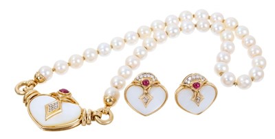 Lot 413 - 18ct gold and gem-set, mother-of-pearl cultured pearl necklace and matching earrings, with heart-shape mother-of-pearl plaques with ruby cabochons and pavé  set diamonds in 18ct gold setting, the n...