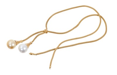 Lot 415 - 18ct gold rope twist necklace with two cultured pearls to the tassel drop