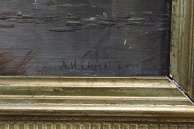 Lot 1192 - Nils Hans Christiansen pair of oils - river landscapes, in gilt frames
