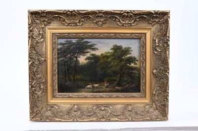 Lot 1194 - Robert Burrows oil on panel - cattle watering, signed, in gilt frame