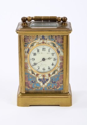 Lot 632 - Fine French champleve enamel carriage clock, cased