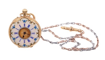 Lot 607 - Fine late 19th century ladies enamelled gold fob watch, 14ct gold chain