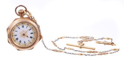 Lot 606 - Ladies14ct gold and enamelled fob watch On chain