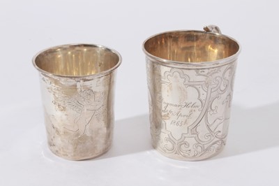 Lot 230 - 19th Century Danish Silver Christening mug with engraved decoration of Birds and Animals amongst scrolls, presentation inscription dated 1865, marked for Copenhagen and Simon Groth (Circa. 1863- 19...
