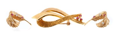 Lot 453 - Suite of 14ct gold ruby and diamond earrings and similar brooch