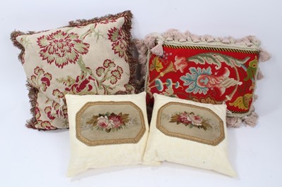 Lot 701 - Pair of cushions utilising 19th century floral embroidery, two others